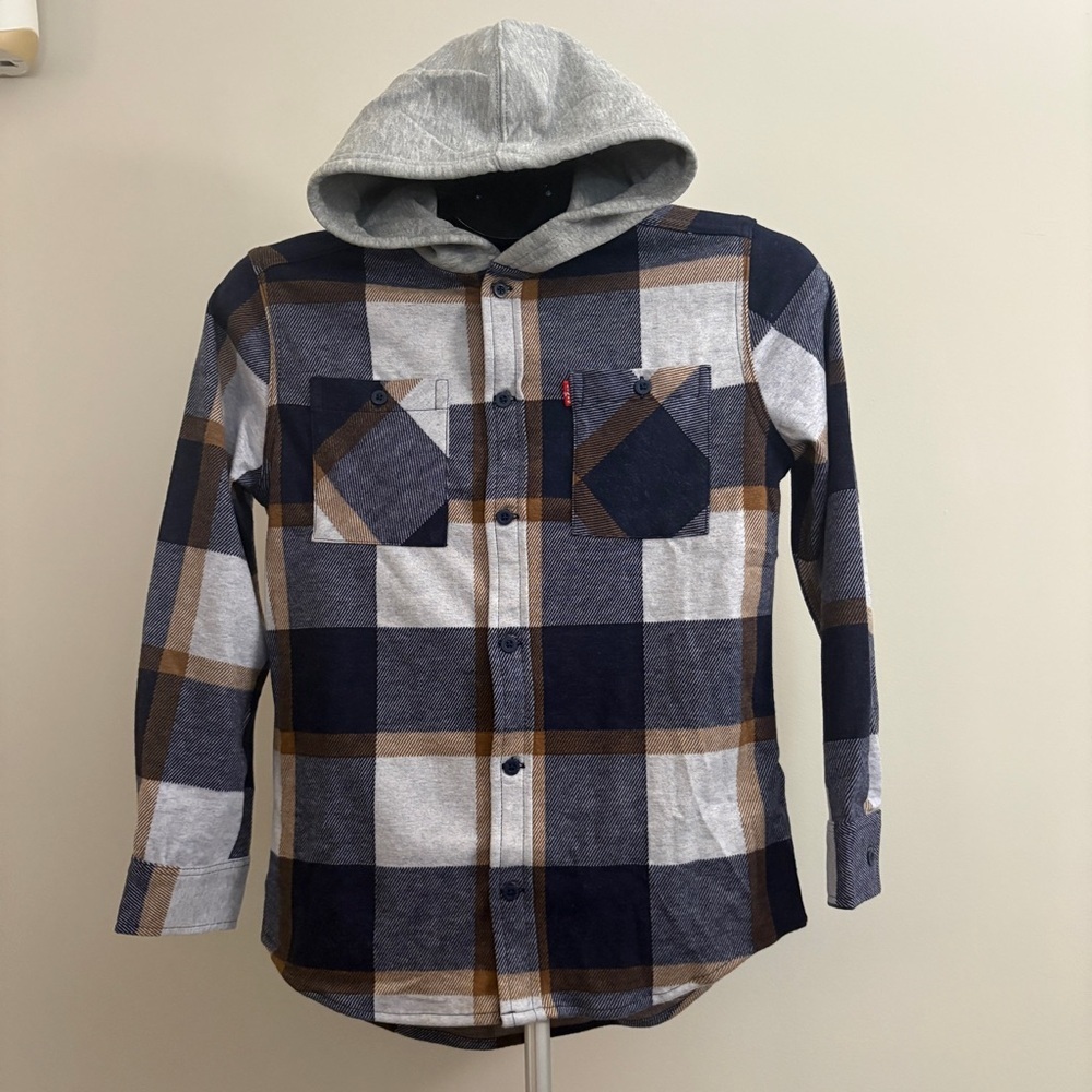 Levi's Kids Navy and Gray Plaid Hooded Shirt